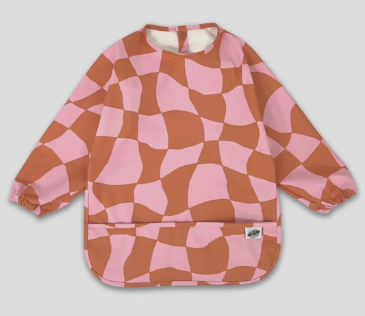 Milk Teeth Mess-Proof Smock Bib with Catch Pocket – Pink Checkers