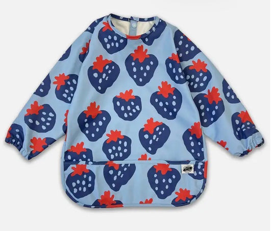Milk Teeth Mess-Proof Smock Bib with Catch Pocket – Blue Stawberries