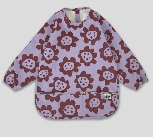 Milk Teeth Mess-Proof Smock Bib with Catch Pocket – Violet Sunflowers