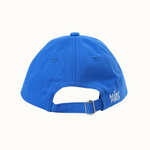 A bright blue baseball cap shown from the back, featuring an adjustable strap with a silver metal buckle and a small white 'MINI PIKO' logo on the side, set against a plain off-white background.